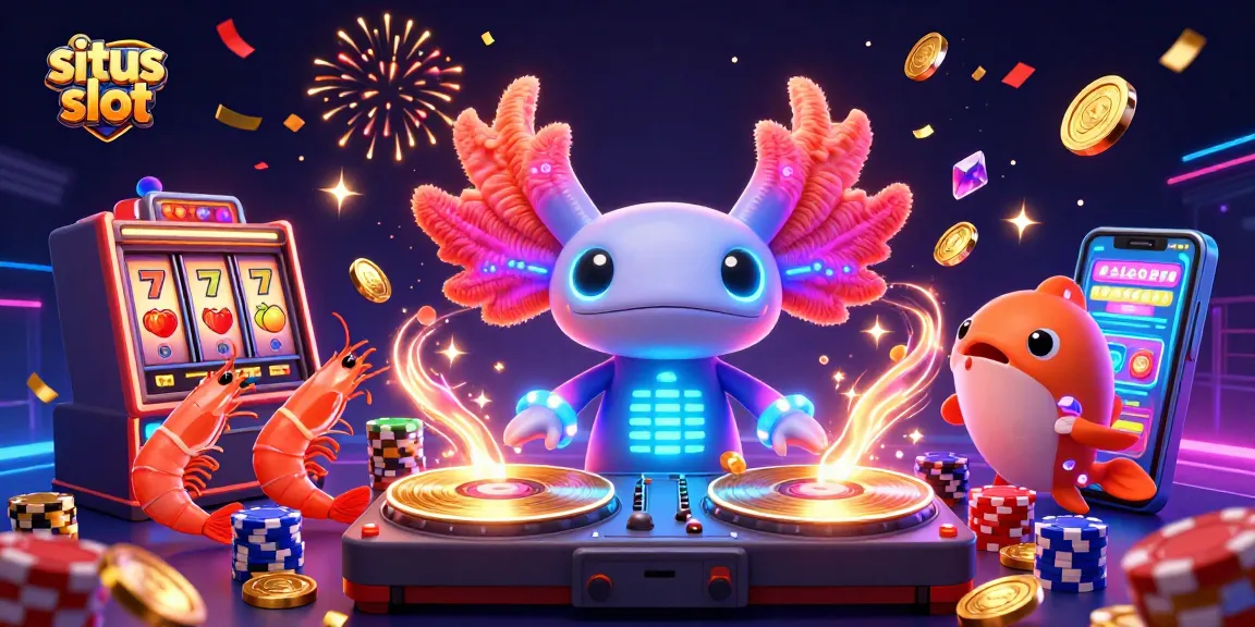 Merayakan momen menang di situs slot dengan DJ axolotl dan karakter ceria lainnya yang dikelilingi dengan koin emas.