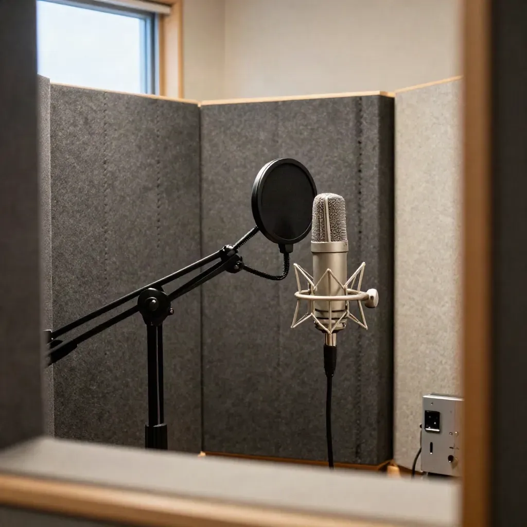 Silent noise-reduction booth with a broadcast mic, pop filter, acoustic blankets and a compact interface.