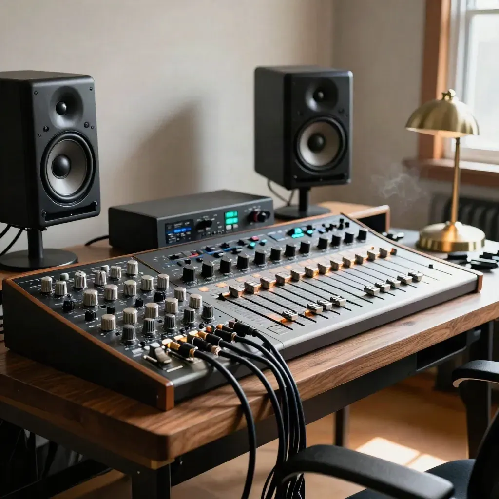 Warm studio EQ, patch cables, speakers and fader bank in cozy late-afternoon light.