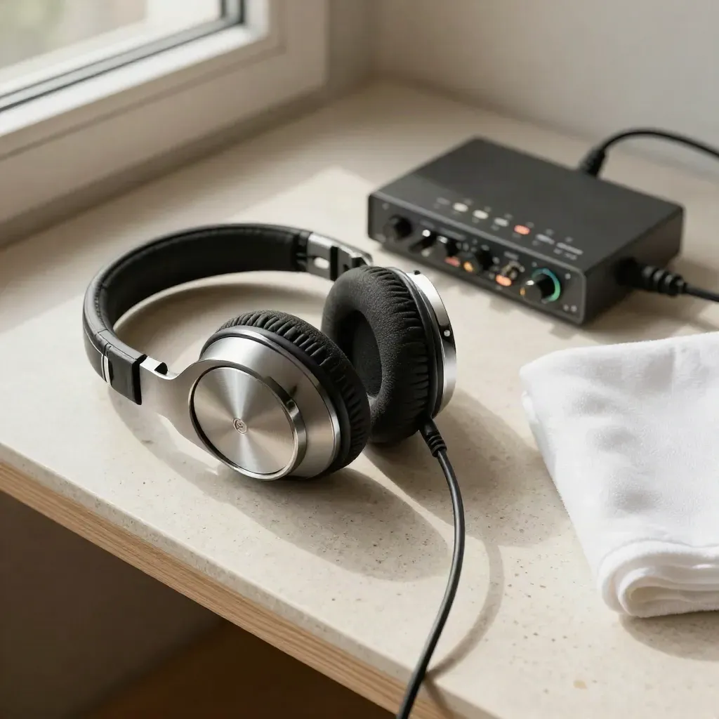 Podcast cleanup still life with headphones, mic cradle, audio interface and cables on pale stone.