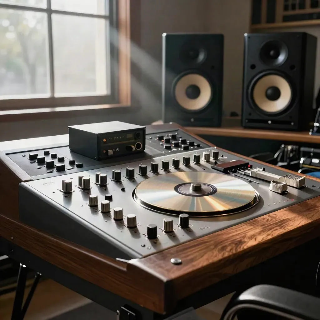 Premium mastering desk with compressor, lacquer disc, speakers, and final drives in warm studio light.