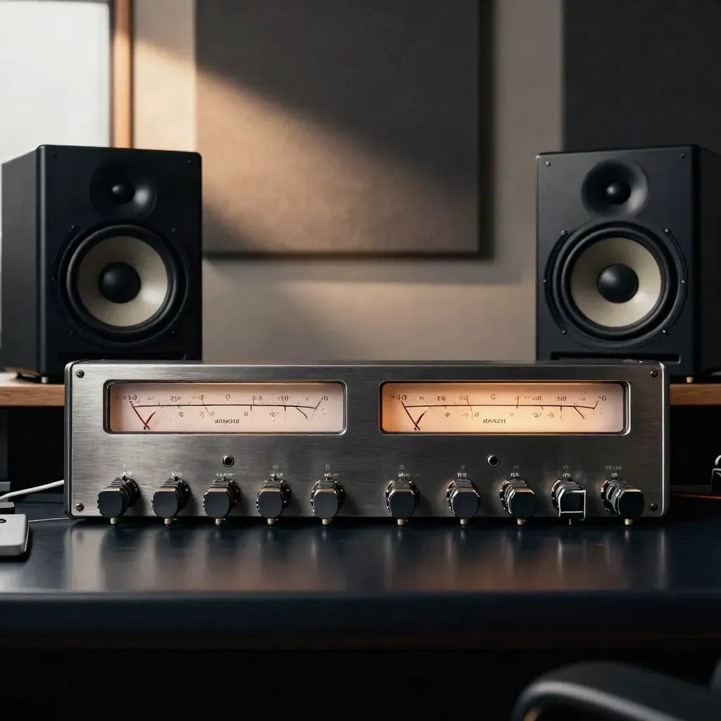 Analog meter bridge, twin speakers, and export drives aligned on a dark mastering console.