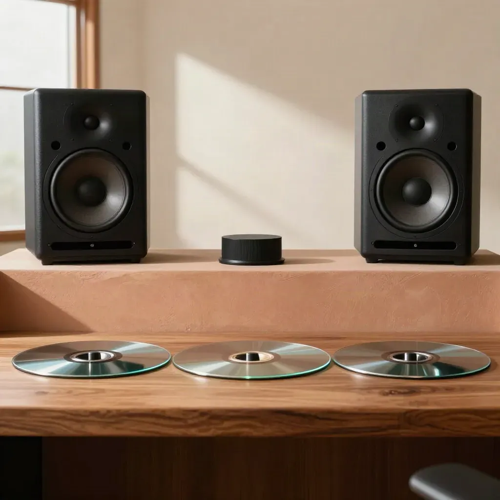 Stereo enhancement setup with wide speakers, centered reference puck and mirrored discs in warm studio light.