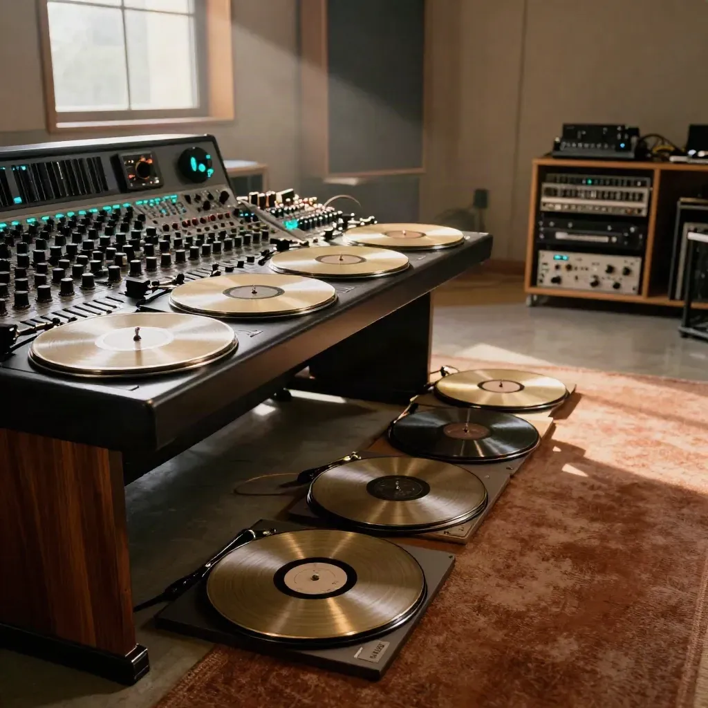 Lacquer master discs and an EP drive beside a mastering console in a warm studio.