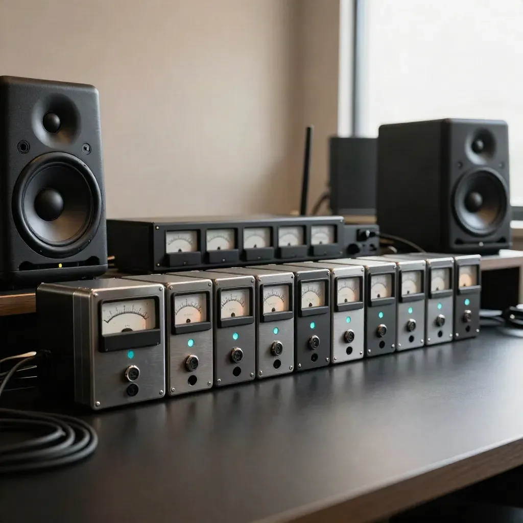 Aligned mastering drives, meter bridge, and compact speakers on a dark studio desk.