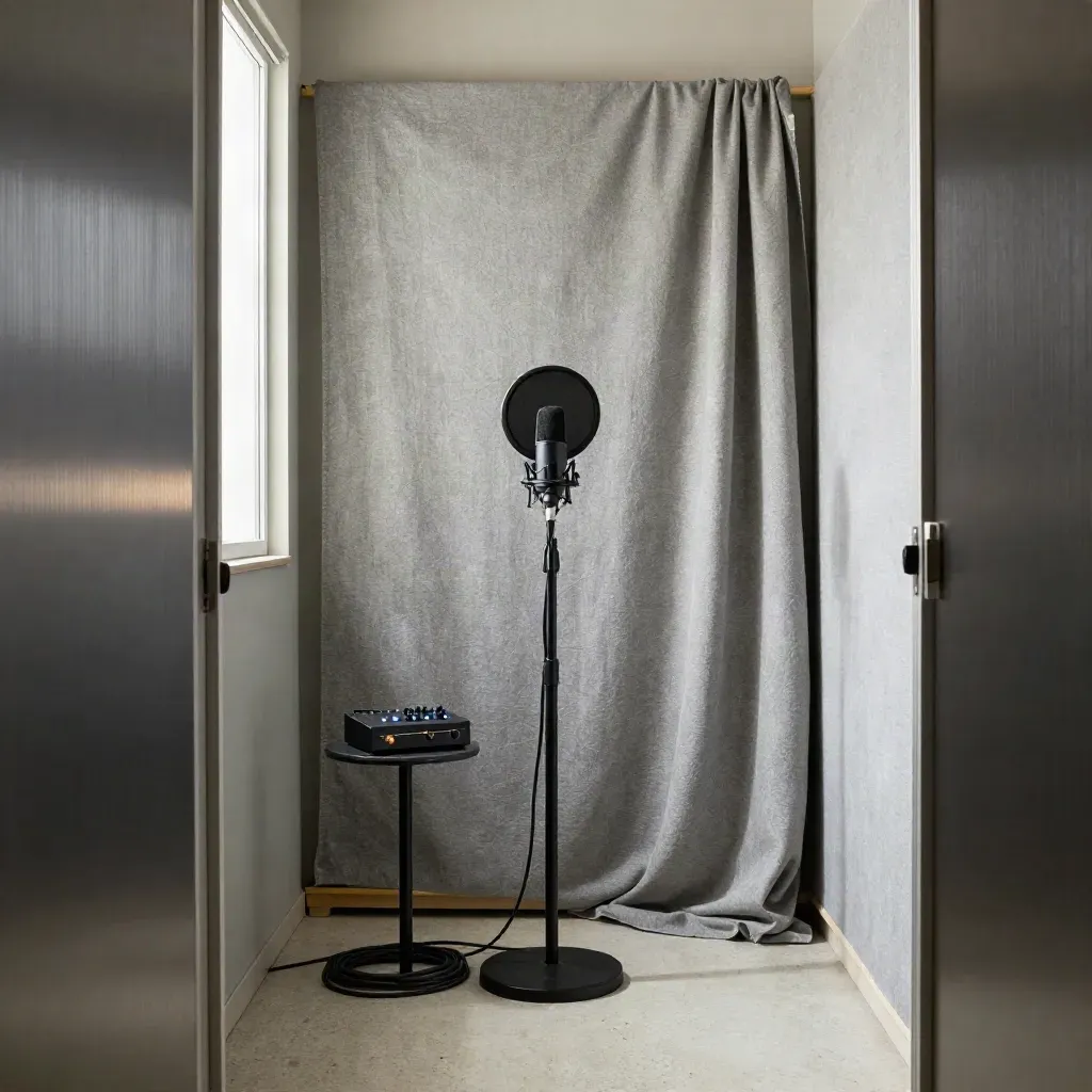 Quiet podcast booth with mic, pop filter, acoustic blankets, and glowing interface on a small stand.