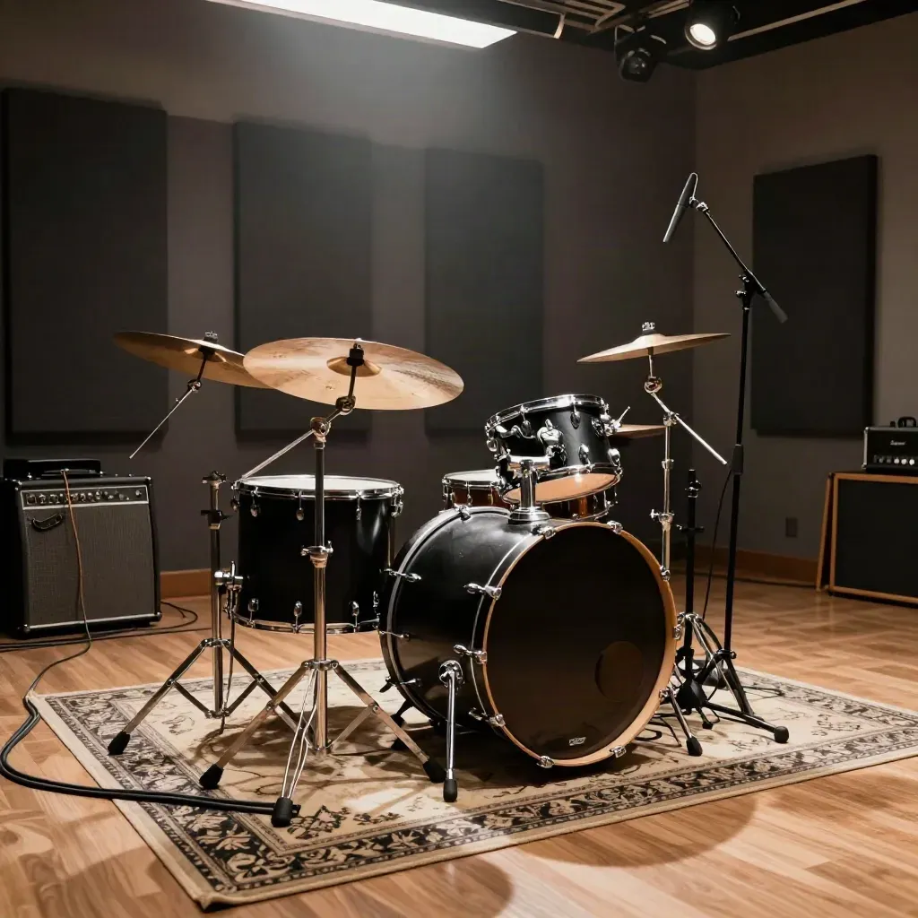 Empty live room with drum kit, mic stand, rug, cables, haze and dramatic light
