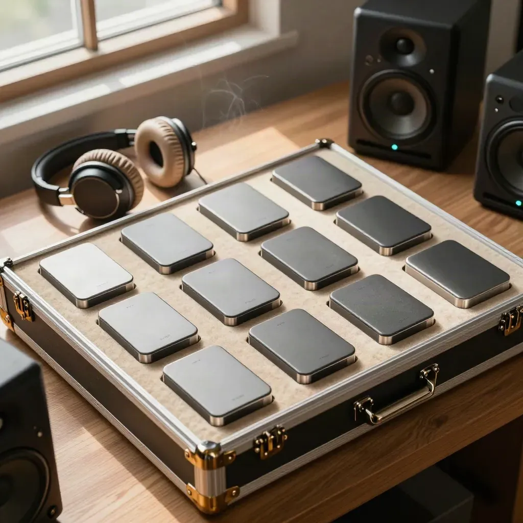 Open case of lesson drives with headphones and studio speakers on a warm walnut shelf.