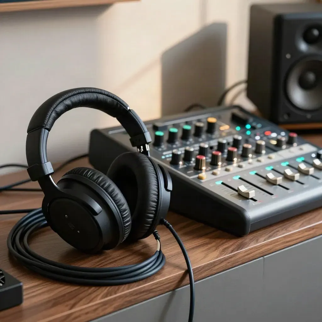 Headphones, patchbay cables, monitor controller and analog EQ on a walnut studio shelf