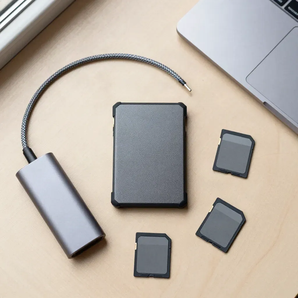 Overhead still-life of SSD, SD cards, hub, cable, and closed laptop on pale wood