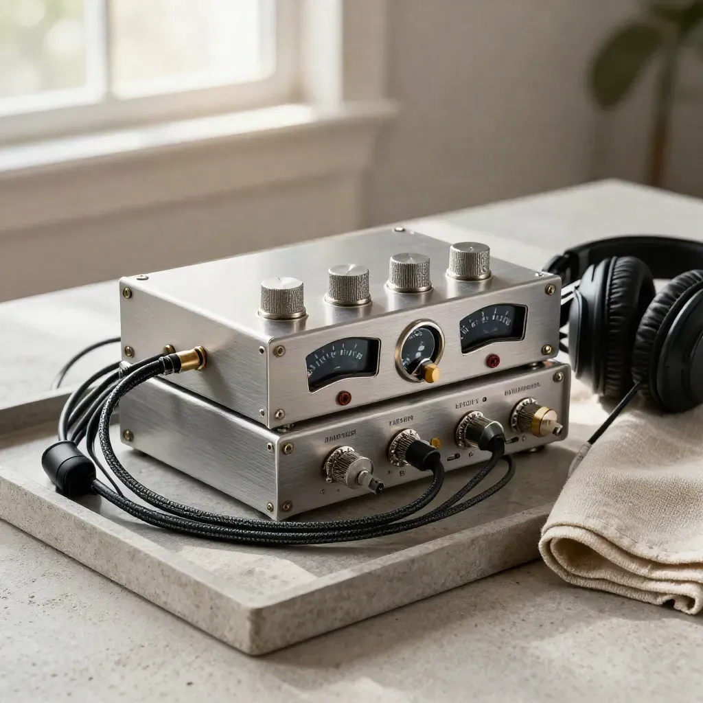 EQ unit, compressor, patch cables, headphones on a stone tray with soft light
