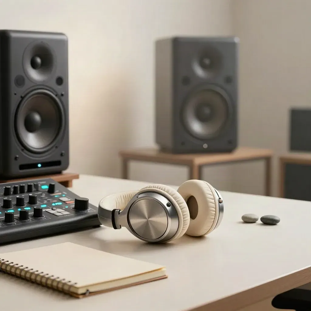 Headphones, monitor controller, notebook and calibration stones beside studio speaker towers