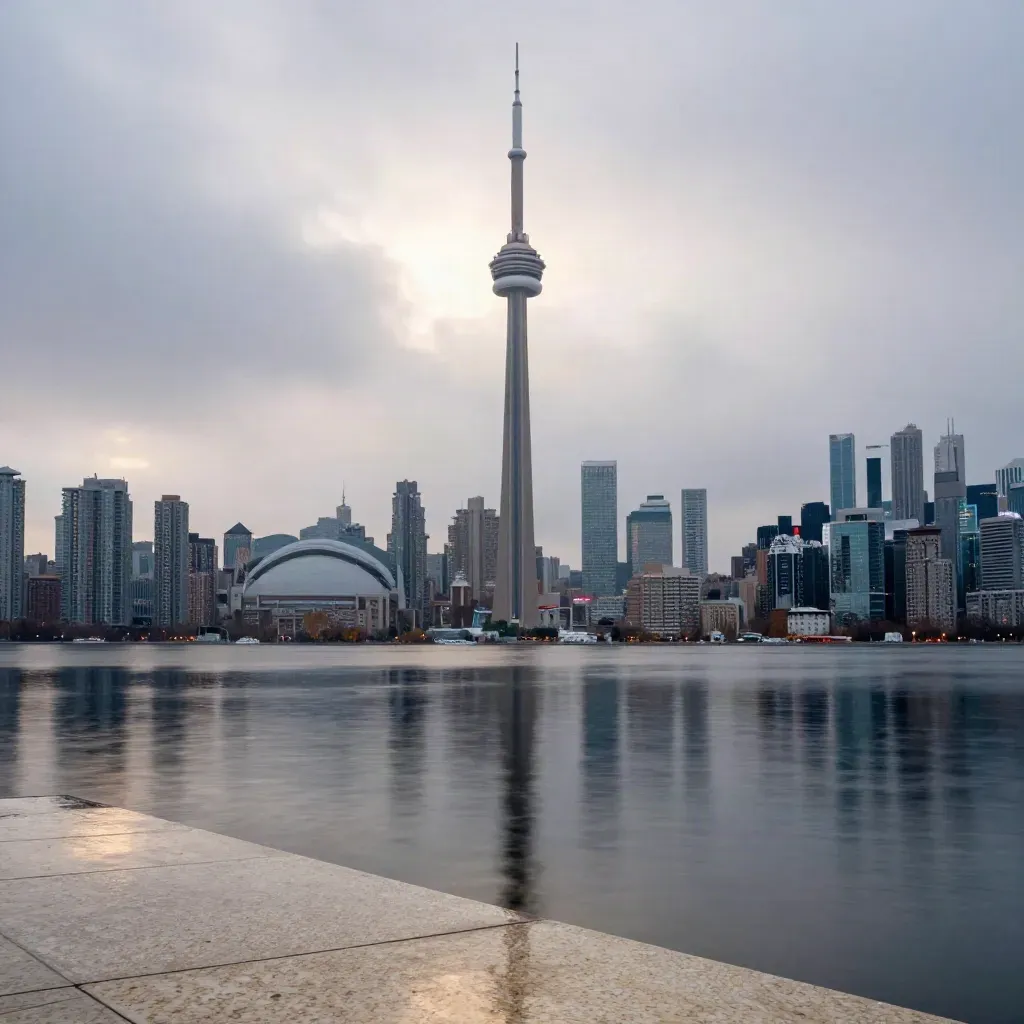 Toronto skyline with CN Tower above misty lakefront at dawn.