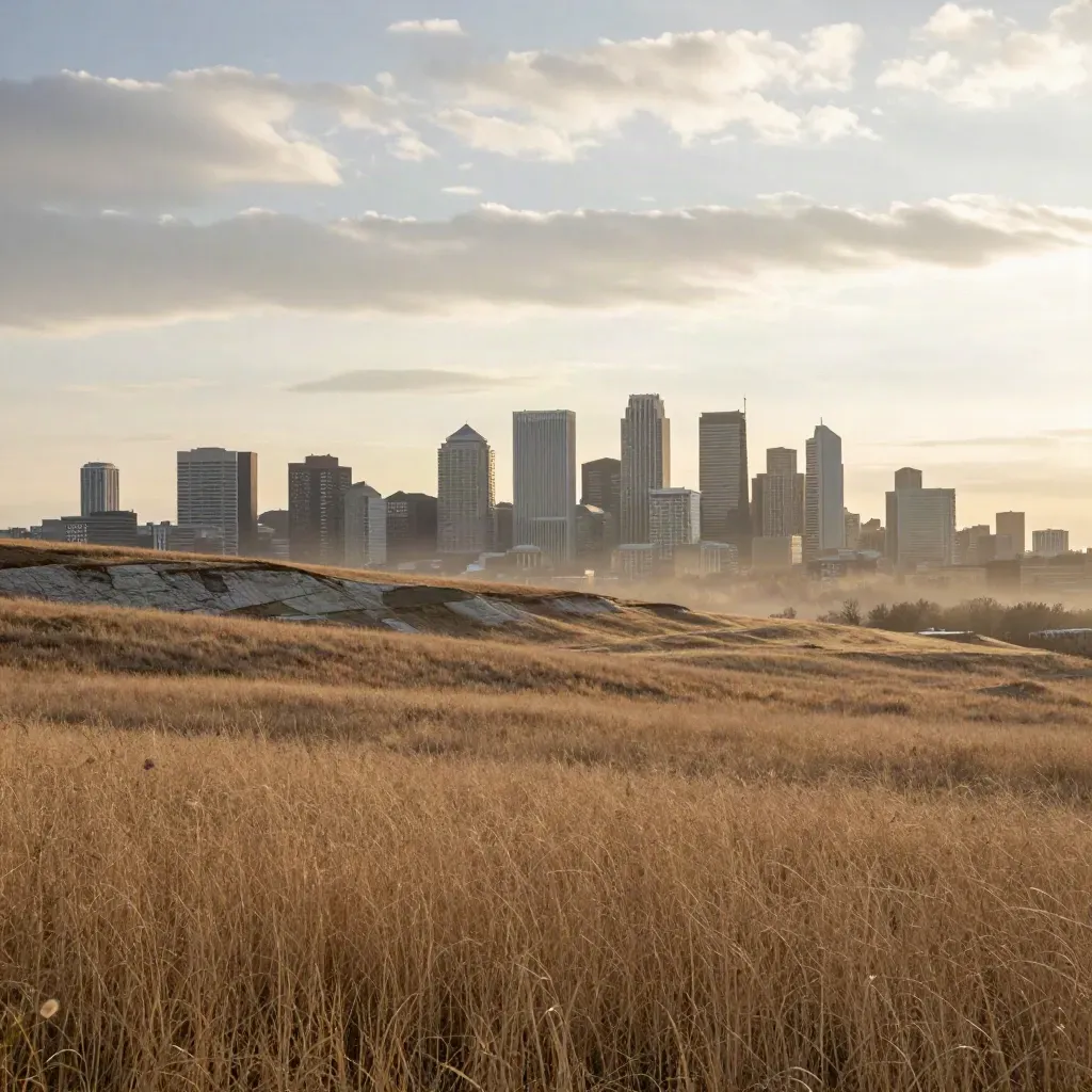 Calgary skyline at sunrise above prairie grass and a broad cloud shelf.