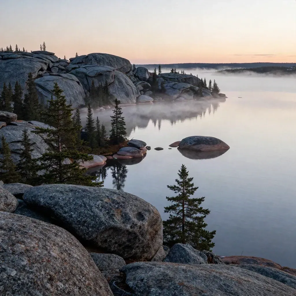 Foggy Canadian Shield islands and mirror water with dark spruce at blue hour.