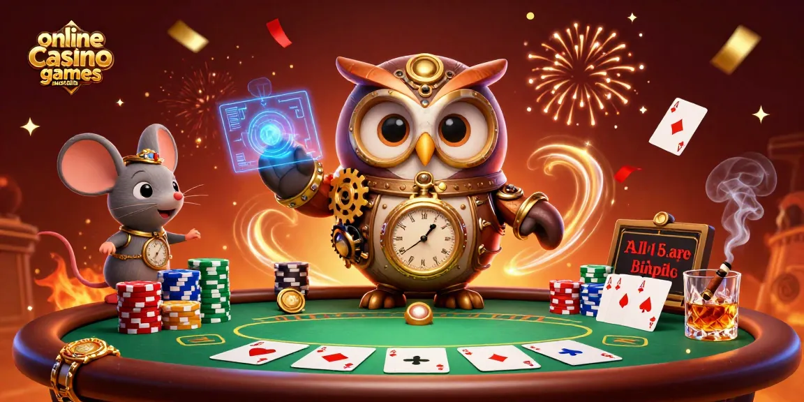 Engage with the thrilling world of online casino games Australia featuring a steampunk owl and poker table.
