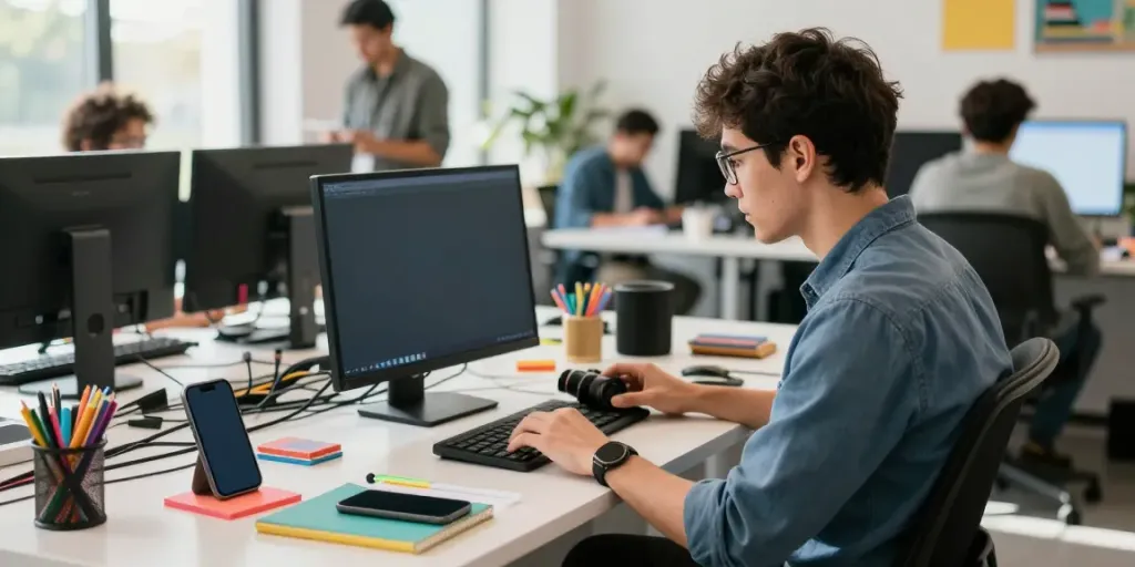 Dynamic workspace with GBWhatsApp user in a co-working environment.