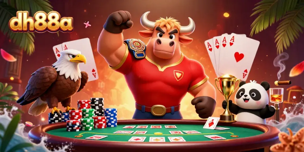Join the fun at dh88a, featuring a victory pose from a bull mascot with a poker table backdrop.