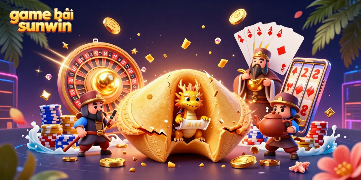 Engaging 3D scene showcasing game bài sunwin elements with dragon, golden cookie, and casino items for thrilling play.